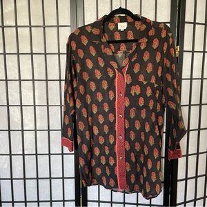 Hand Print India Cotton Boho Tunic Black and Rust Paisley Size Small